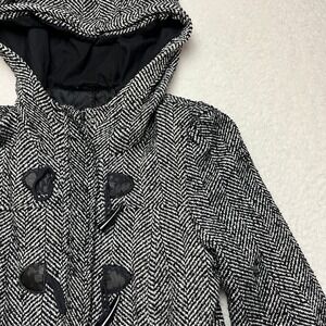 Aeropostale Coat Womens LRG Black White Herringbone Hooded Toggle Peacoat Jacket